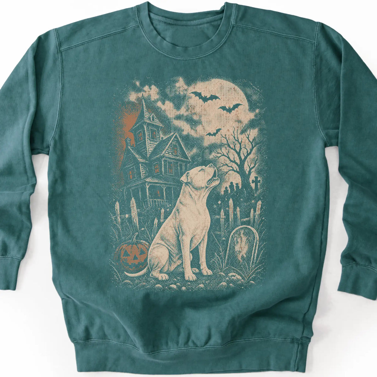 American Bulldog beside a haunted house on a blue spruce sweatshirt.