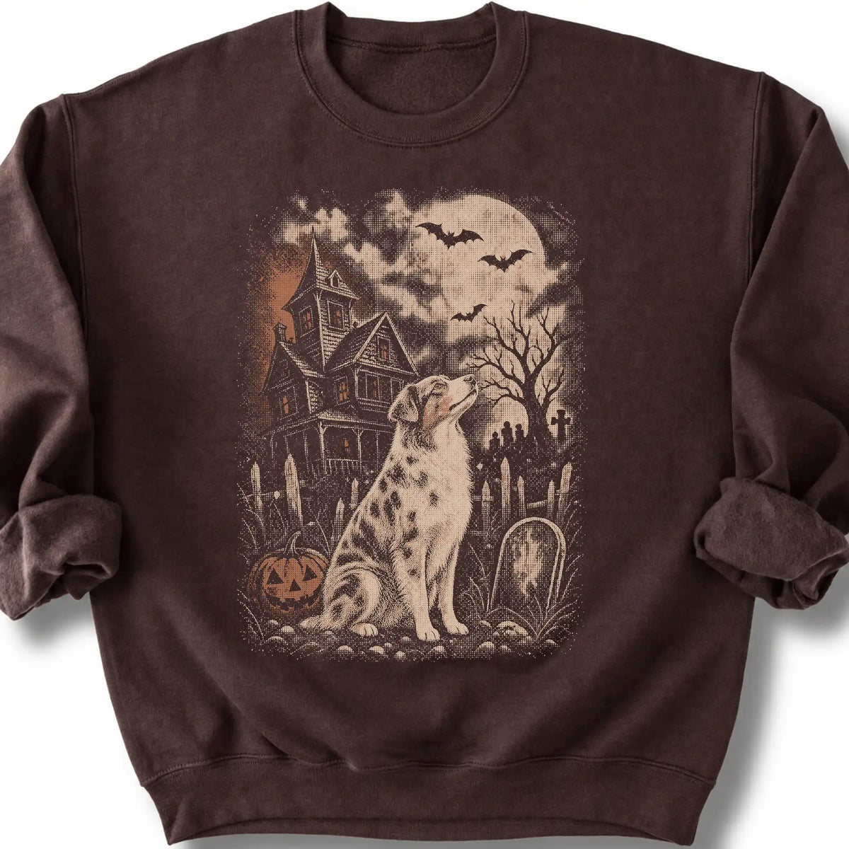 Australian Shepherd beside a haunted house on a dark chocolate sweatshirt.