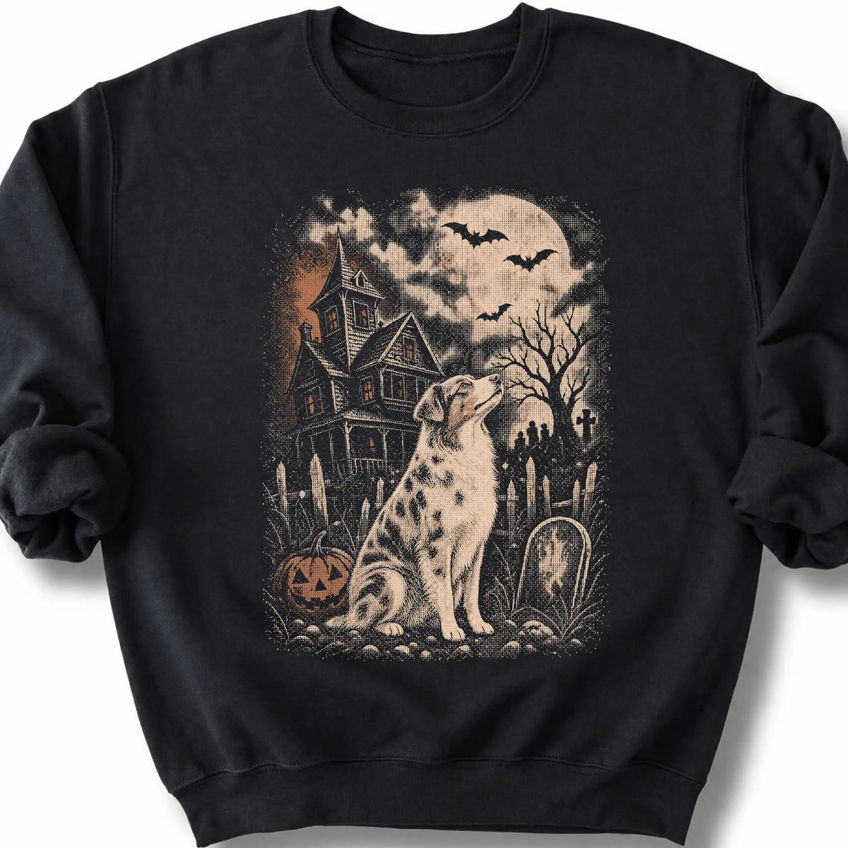 Australian Shepherd beside a haunted house on a black sweatshirt.