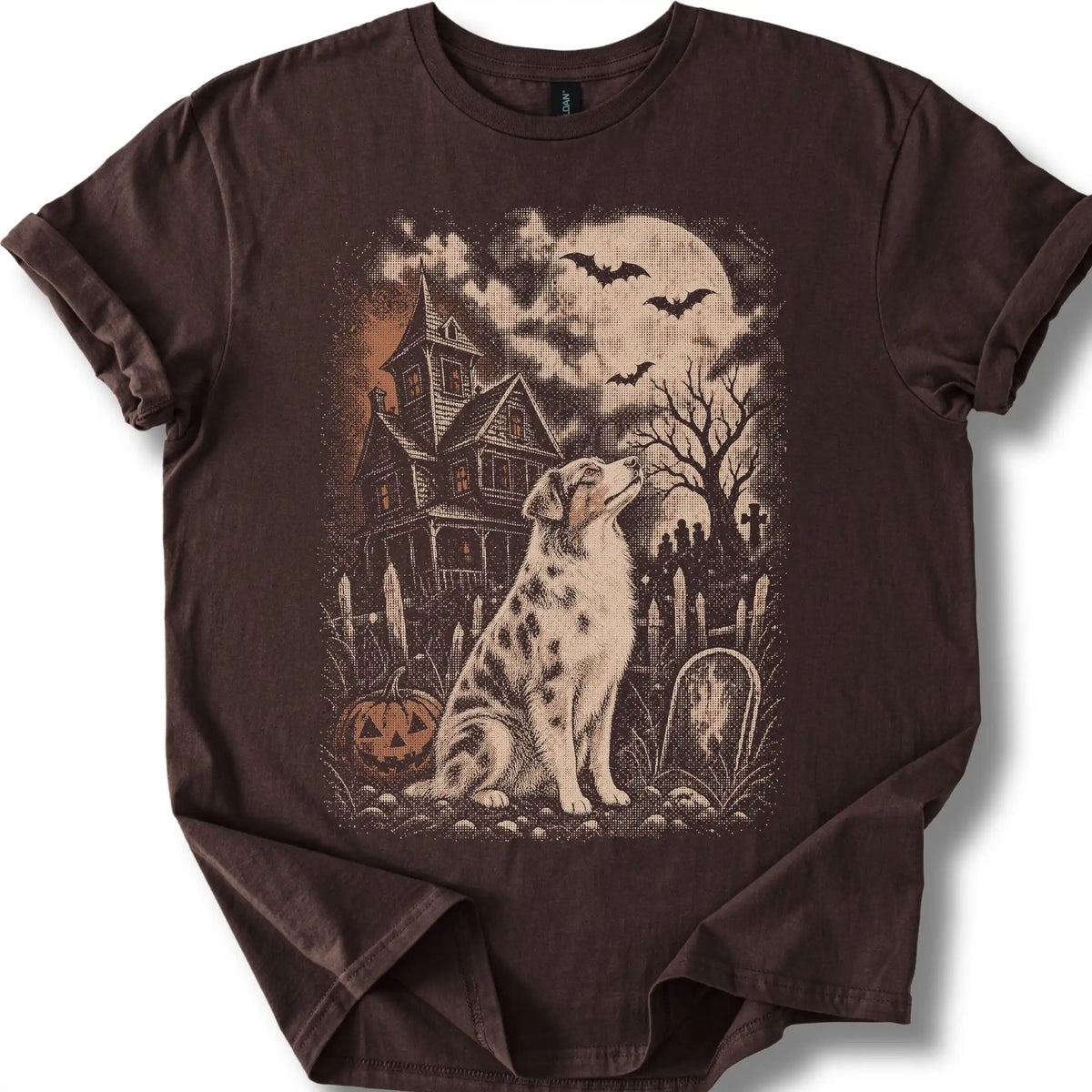 Australian Shepherd beside a haunted house on a dark chocolate T-shirt.