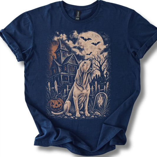 Bloodhound beside a haunted house on a navy T-shirt.