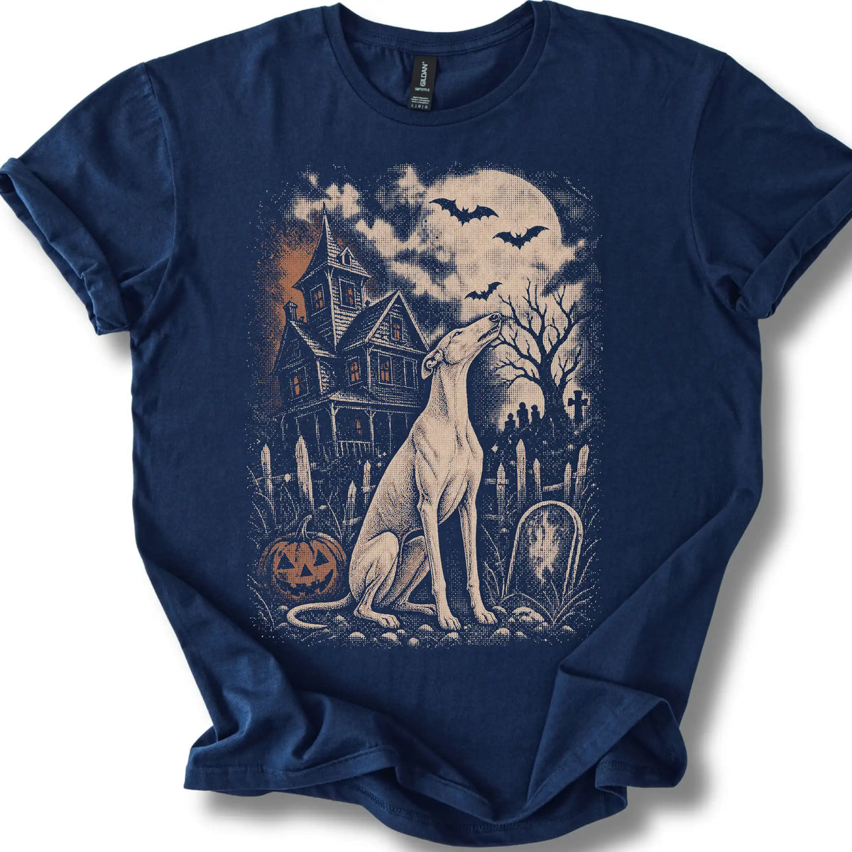 Greyhound beside a haunted house on a navy T-shirt.