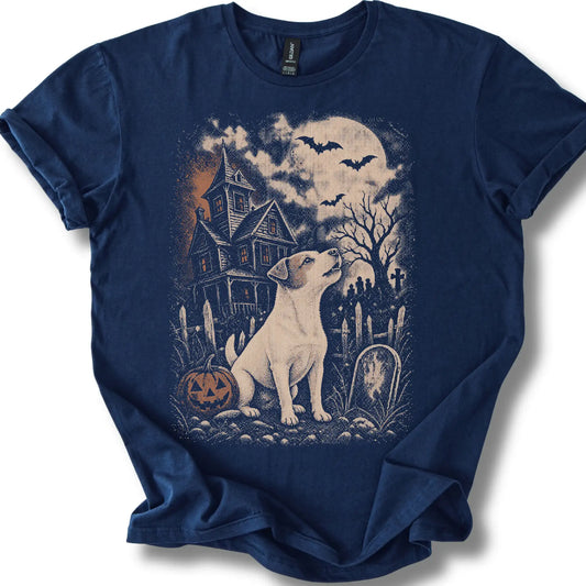 Jack Russell beside a haunted house on a navy T-shirt.