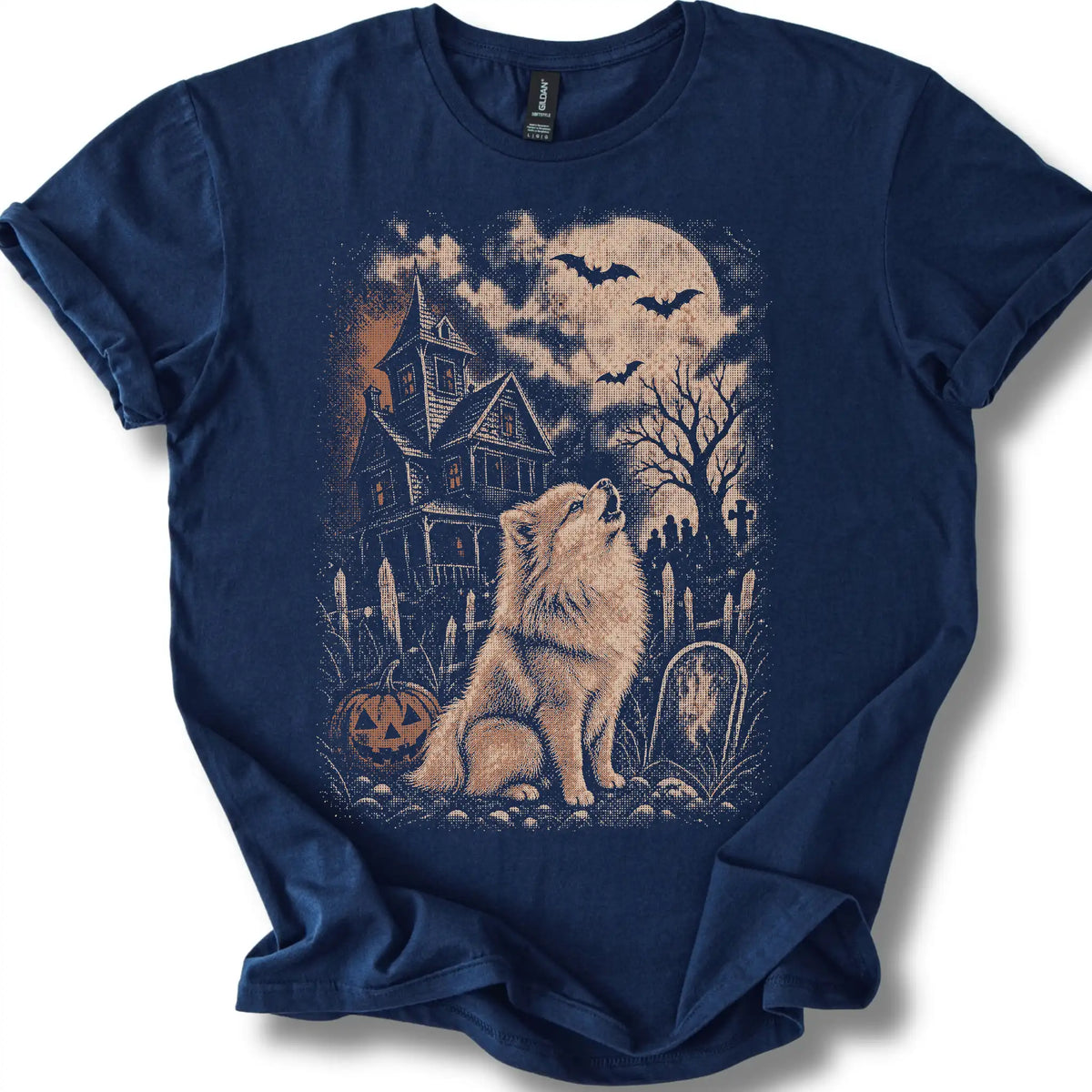 Pomeranian beside a haunted house on a navy T-shirt.
