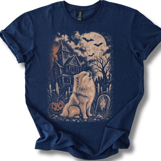 Pomeranian beside a haunted house on a navy T-shirt.