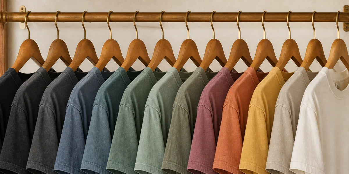 Garment-dyed T-shirts in assorted colors hanging on wooden hangers