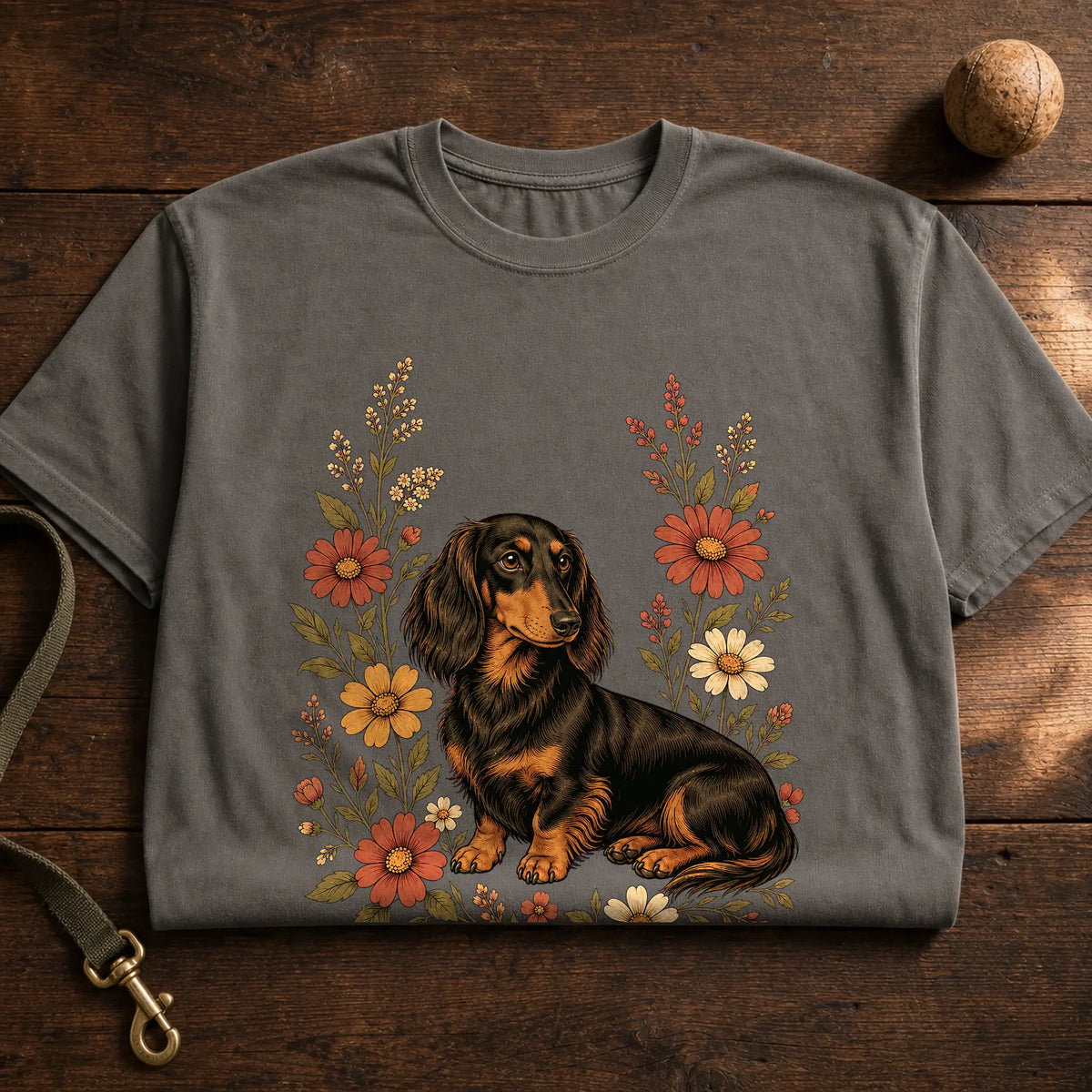 Pepper Comfort Colors shirt featuring the Wildflower Dachshund design