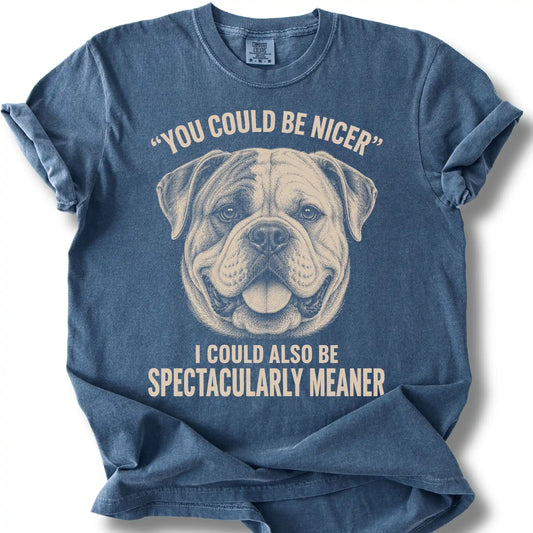 American Bulldog Guard Dog design on a Denim Comfort Colors T-shirt, shown flat