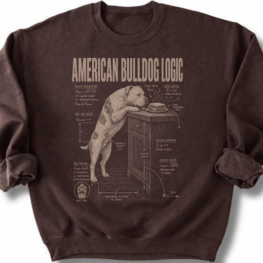 American Bulldog Logic on a Dark Chocolate crewneck sweatshirt, shown flat