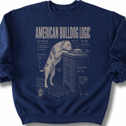 American Bulldog Logic on a Navy crewneck sweatshirt, shown flat