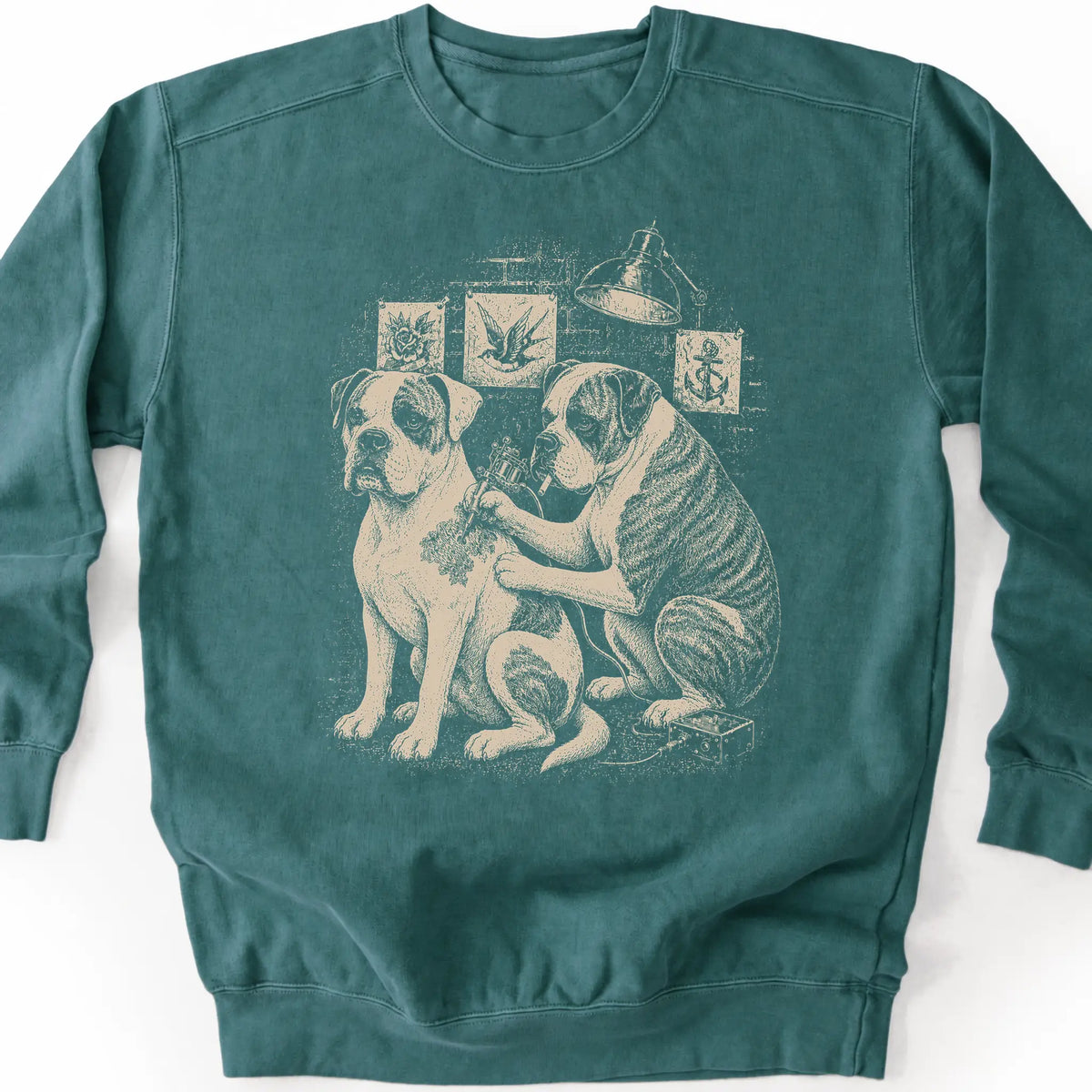 American Bulldog Tattoo on a Blue Spruce crewneck sweatshirt, shown flat
