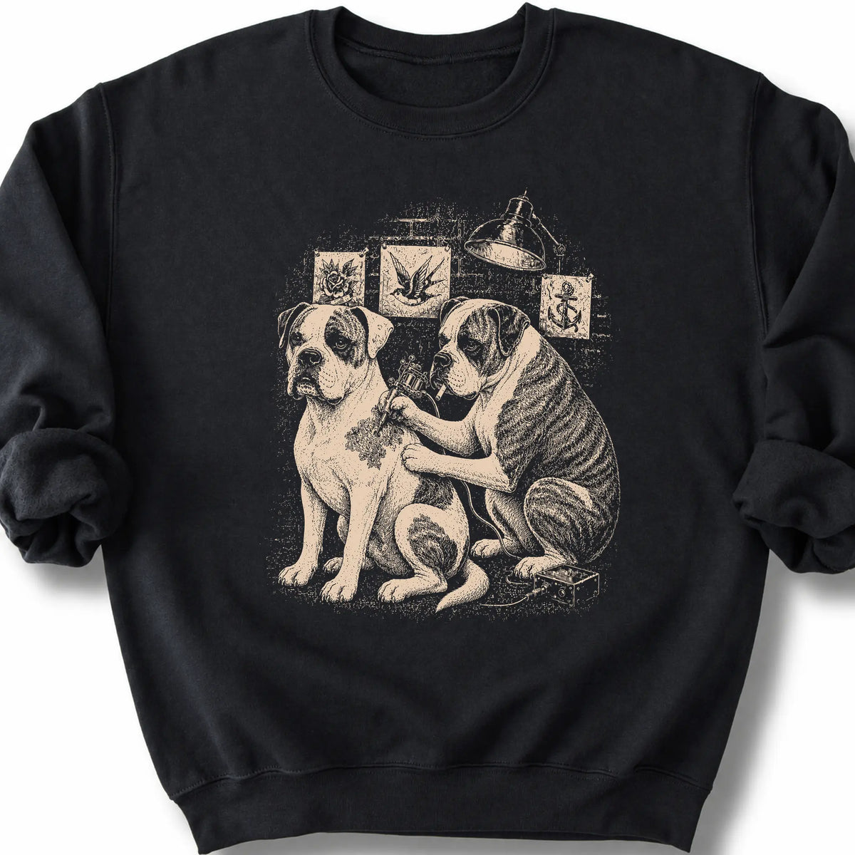 American Bulldog Tattoo on a Black crewneck sweatshirt, shown flat