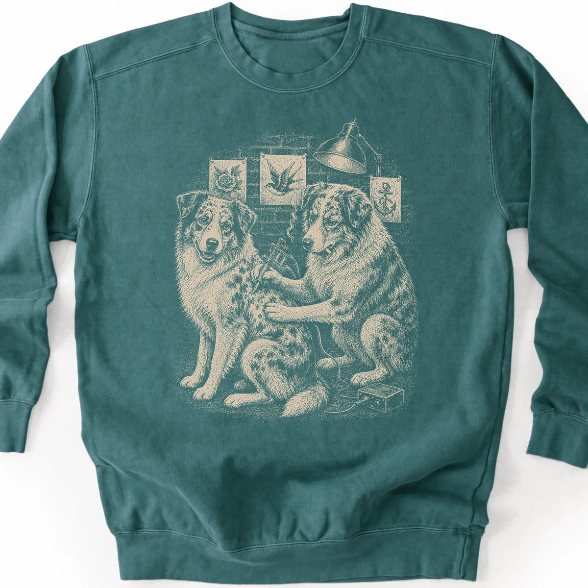 Australian Shepherd Tattoo on a Blue Spruce crewneck sweatshirt, shown flat