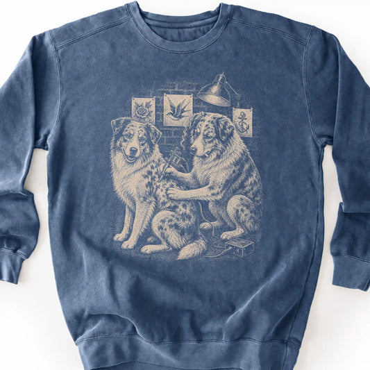 Australian Shepherd Tattoo on a Denim crewneck sweatshirt, shown flat