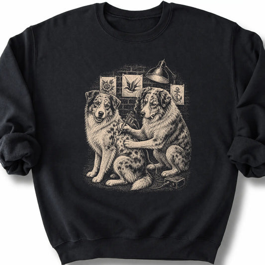 Australian Shepherd Tattoo on a Black crewneck sweatshirt, shown flat