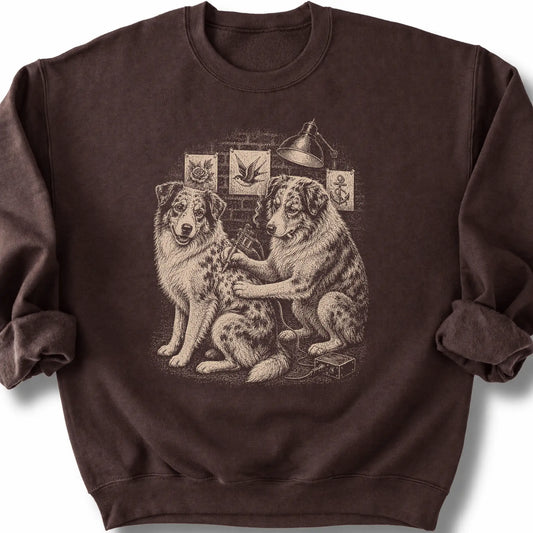 Australian Shepherd Tattoo on a Dark Chocolate crewneck sweatshirt, shown flat