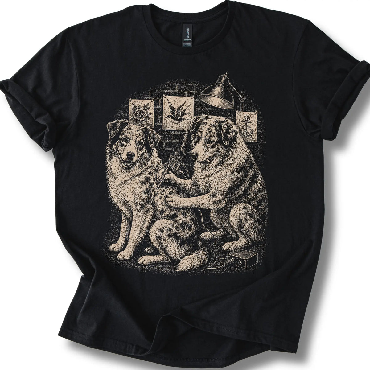 Australian Shepherd Tattoo on a Black T-shirt, shown flat
