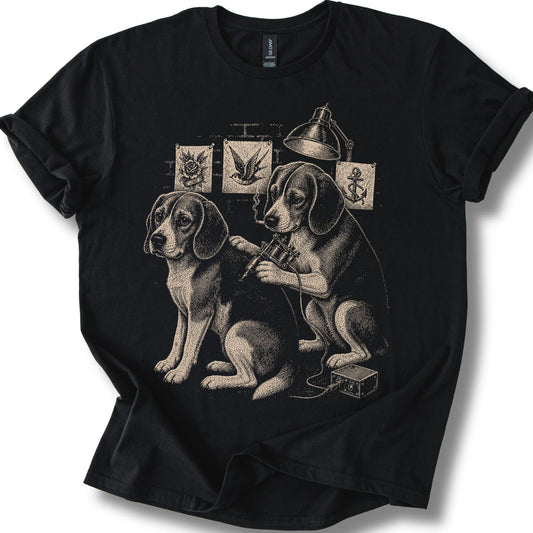 Beagle Tattoo on a Black T-shirt, shown flat