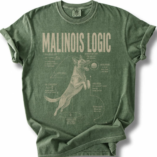 Belgian Malinois Ball Logic on a Moss T-shirt, shown flat