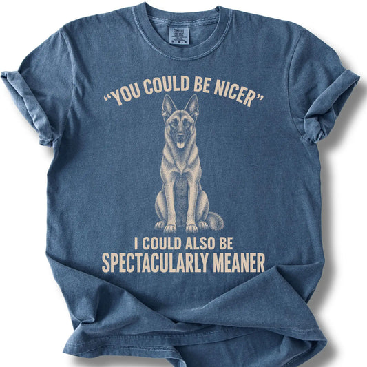 Belgian Malinois Guard Dog design on a Denim Comfort Colors T-shirt, shown flat