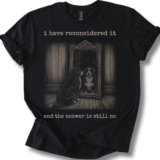 Bernese Mountain Dog The Answer Is Still No on a Black T-shirt, shown flat