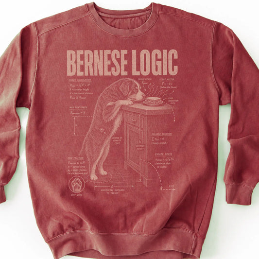 Bernese Mountain Dog Logic on a Crimson crewneck sweatshirt, shown flat