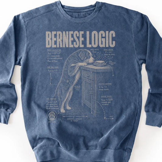 Bernese Mountain Dog Logic on a Denim crewneck sweatshirt, shown flat