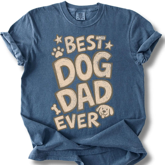 Best Dog Dad Ever design on a Denim Comfort Colors T-shirt, shown flat