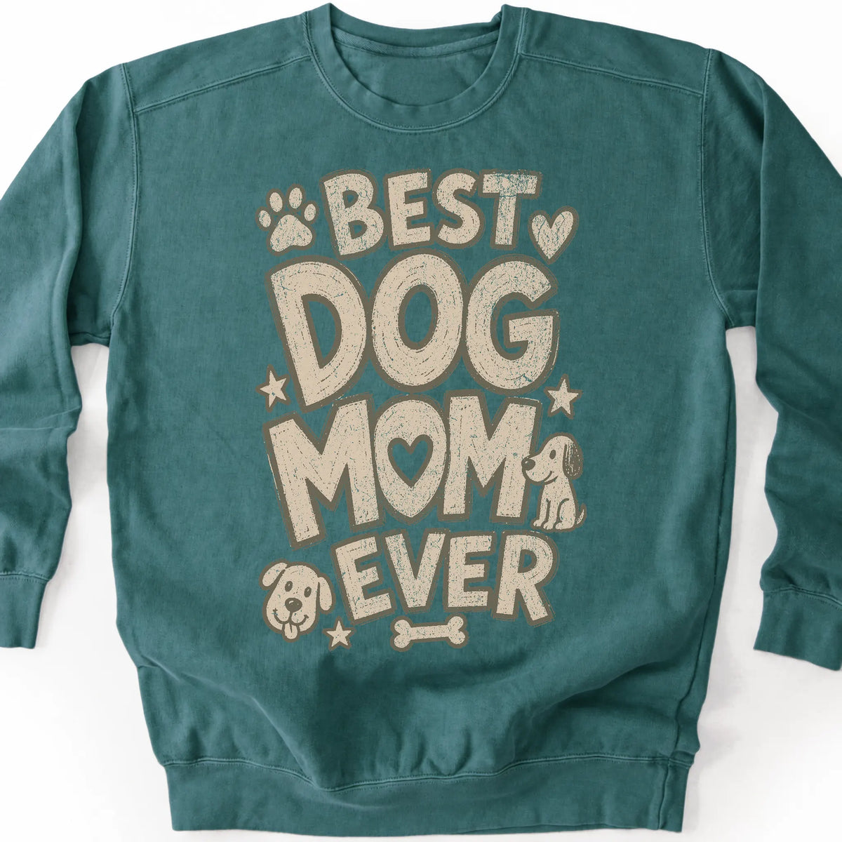 Best Dog Mom Ever on a Blue Spruce crewneck sweatshirt, shown flat