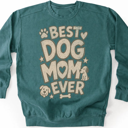 Best Dog Mom Ever on a Blue Spruce crewneck sweatshirt, shown flat
