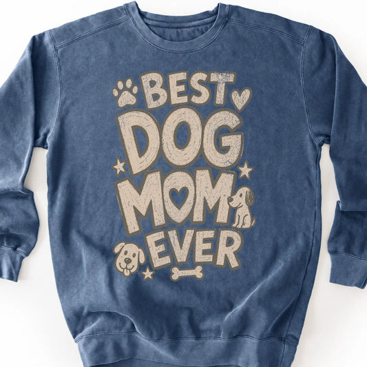 Best Dog Mom Ever on a Denim crewneck sweatshirt, shown flat