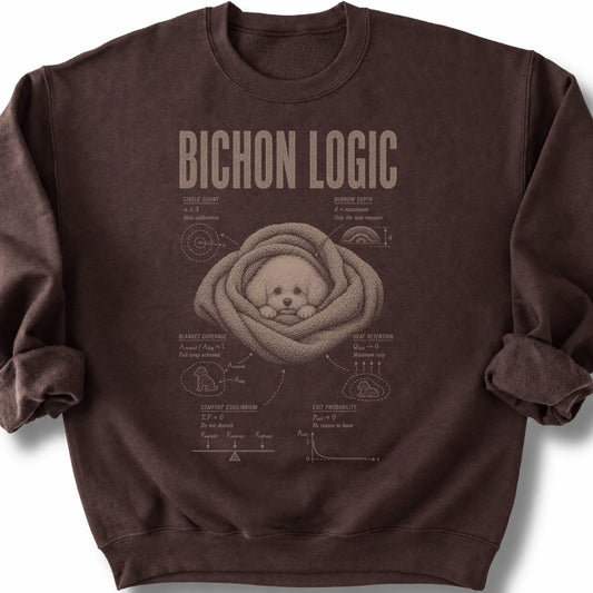 Bichon Frise Logic on a Dark Chocolate crewneck sweatshirt, shown flat