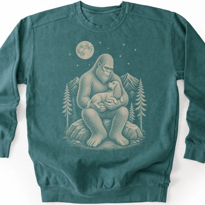 Cocker Spaniel Bigfoot Holding on a Blue Spruce crewneck sweatshirt, shown flat