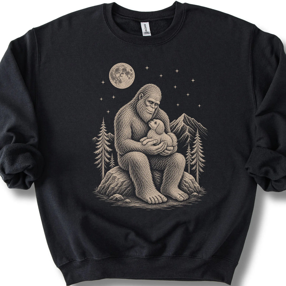 Havanese Bigfoot Holding on a Black crewneck sweatshirt, shown flat