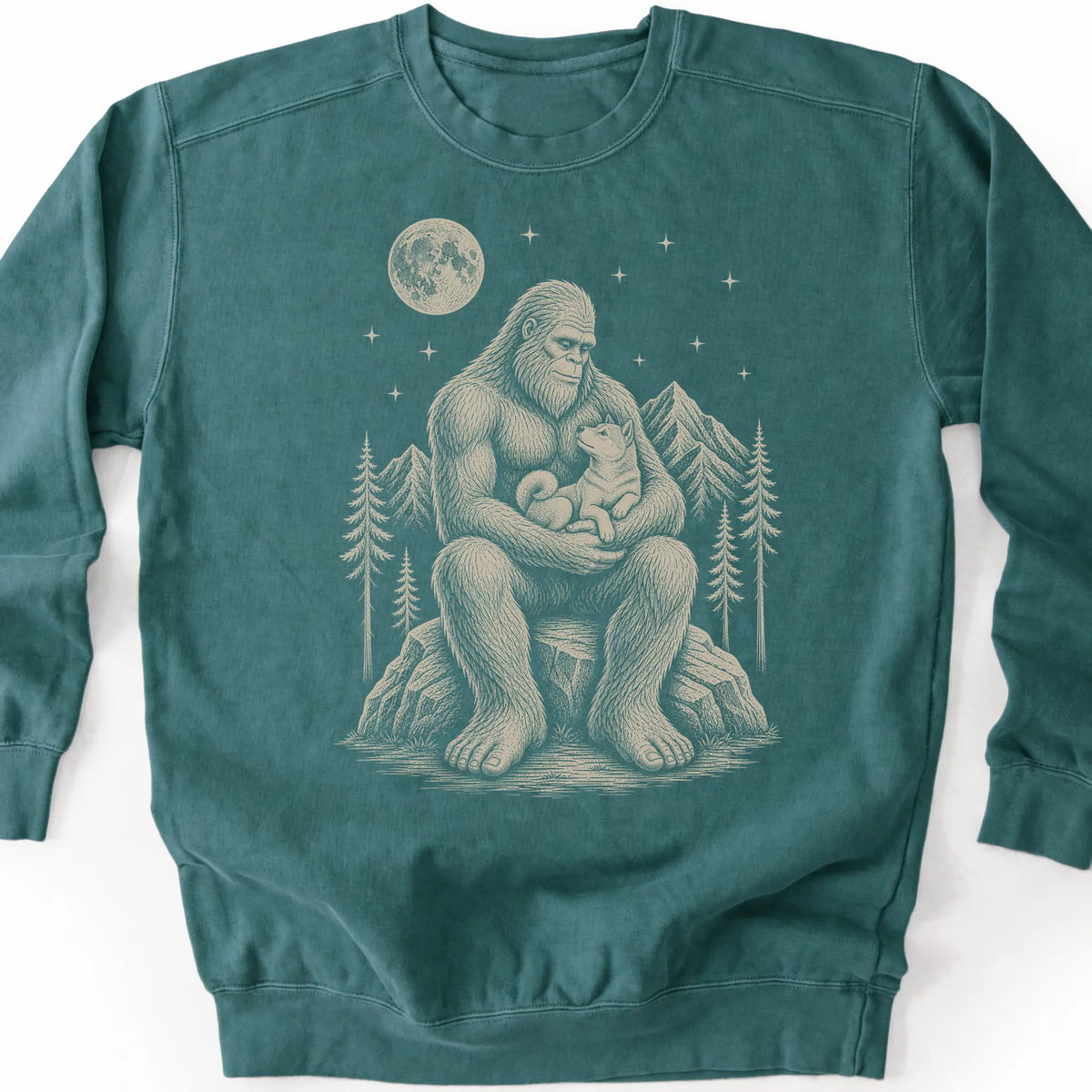Shiba Inu Bigfoot Holding on a Blue Spruce crewneck sweatshirt, shown flat