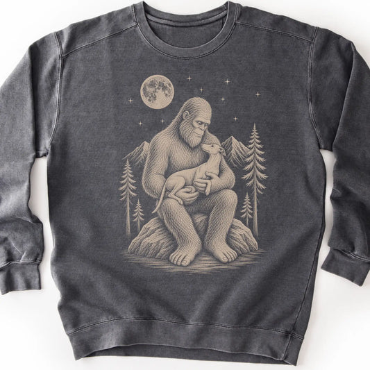 Whippet Bigfoot Holding on a Pepper crewneck sweatshirt, shown flat