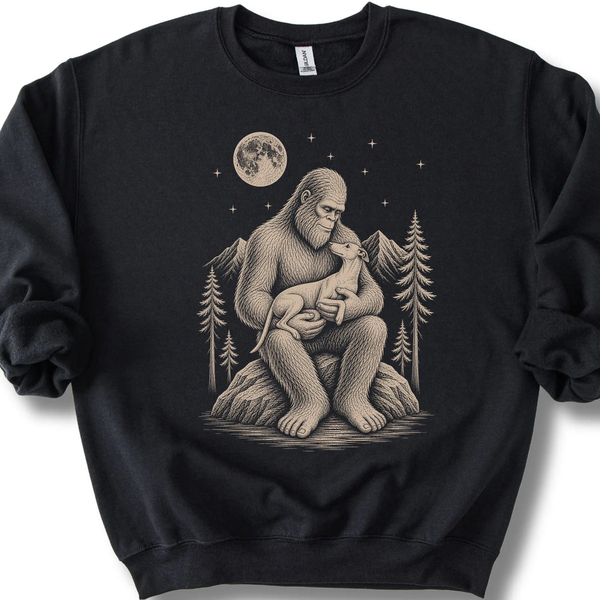Whippet Bigfoot Holding on a Black crewneck sweatshirt, shown flat