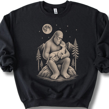 Whippet Bigfoot Holding on a Black crewneck sweatshirt, shown flat