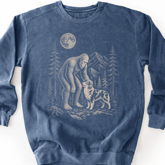 Australian Shepherd Bigfoot Petting on a Denim crewneck sweatshirt, shown flat