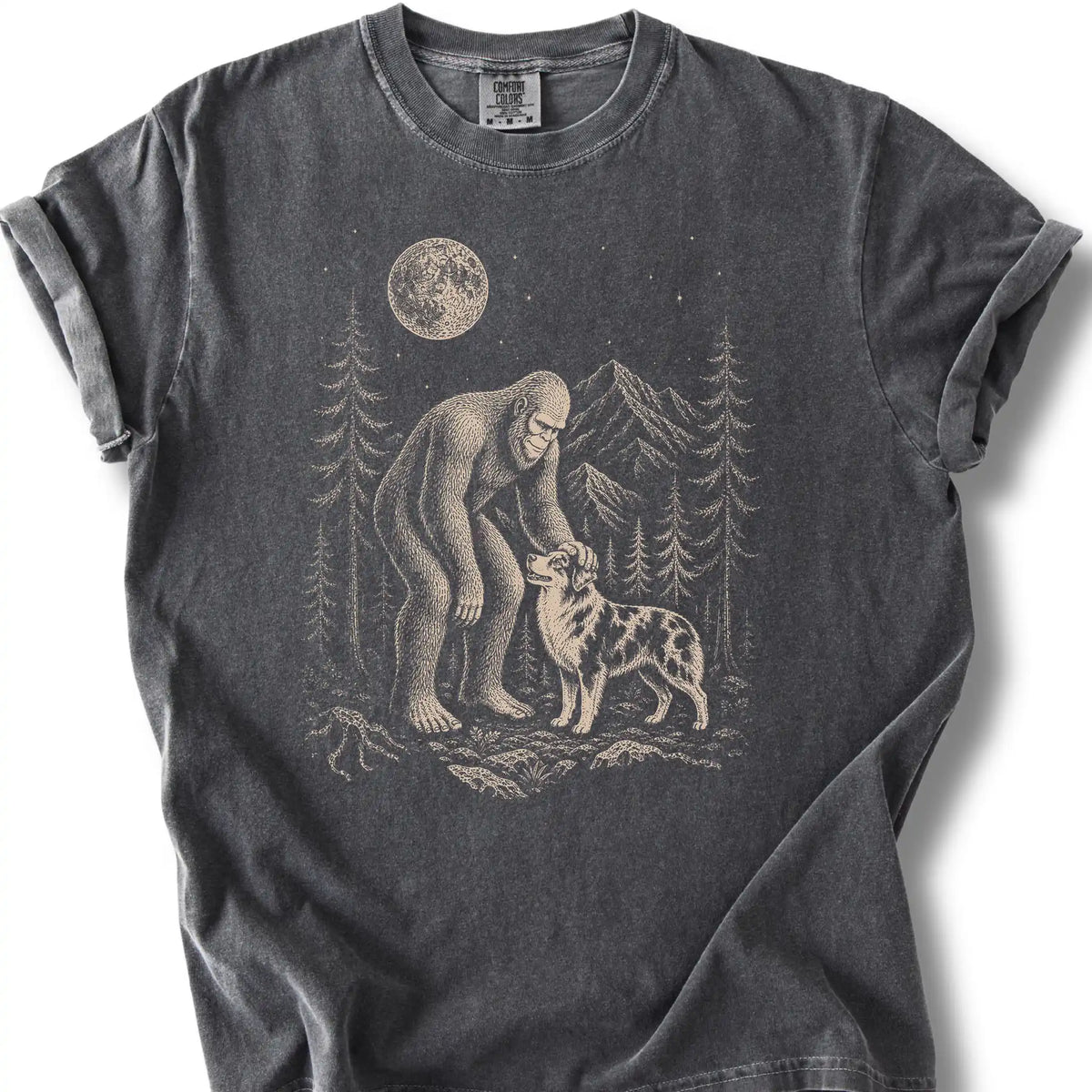 Australian Shepherd Bigfoot Petting on a Pepper T-shirt, shown flat