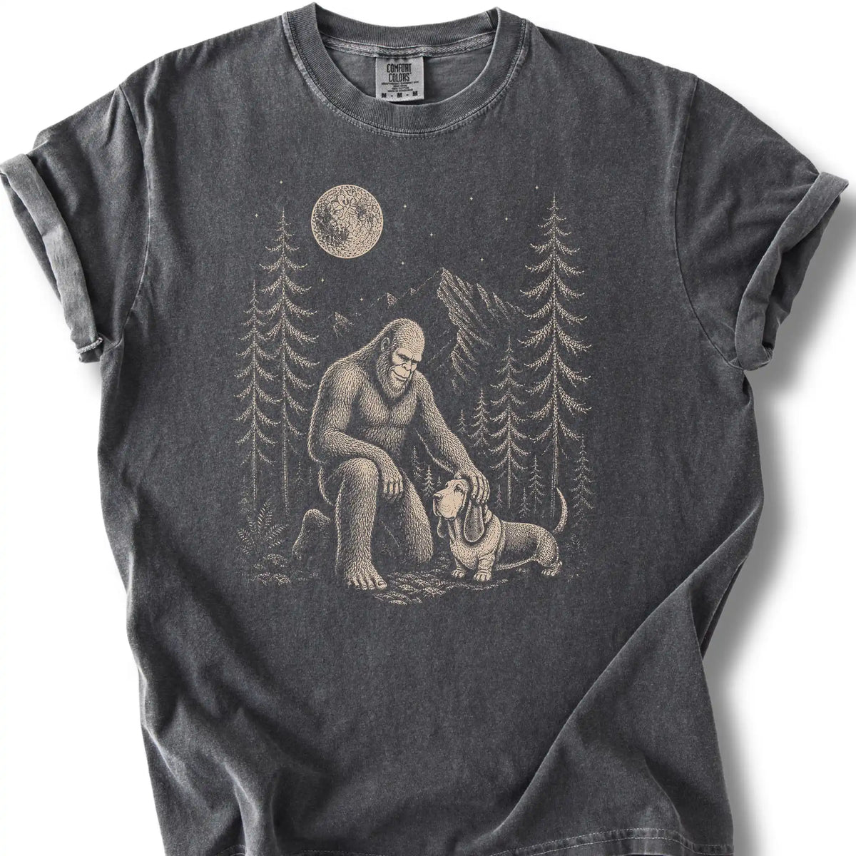 Basset Hound Bigfoot Petting on a Pepper T-shirt, shown flat