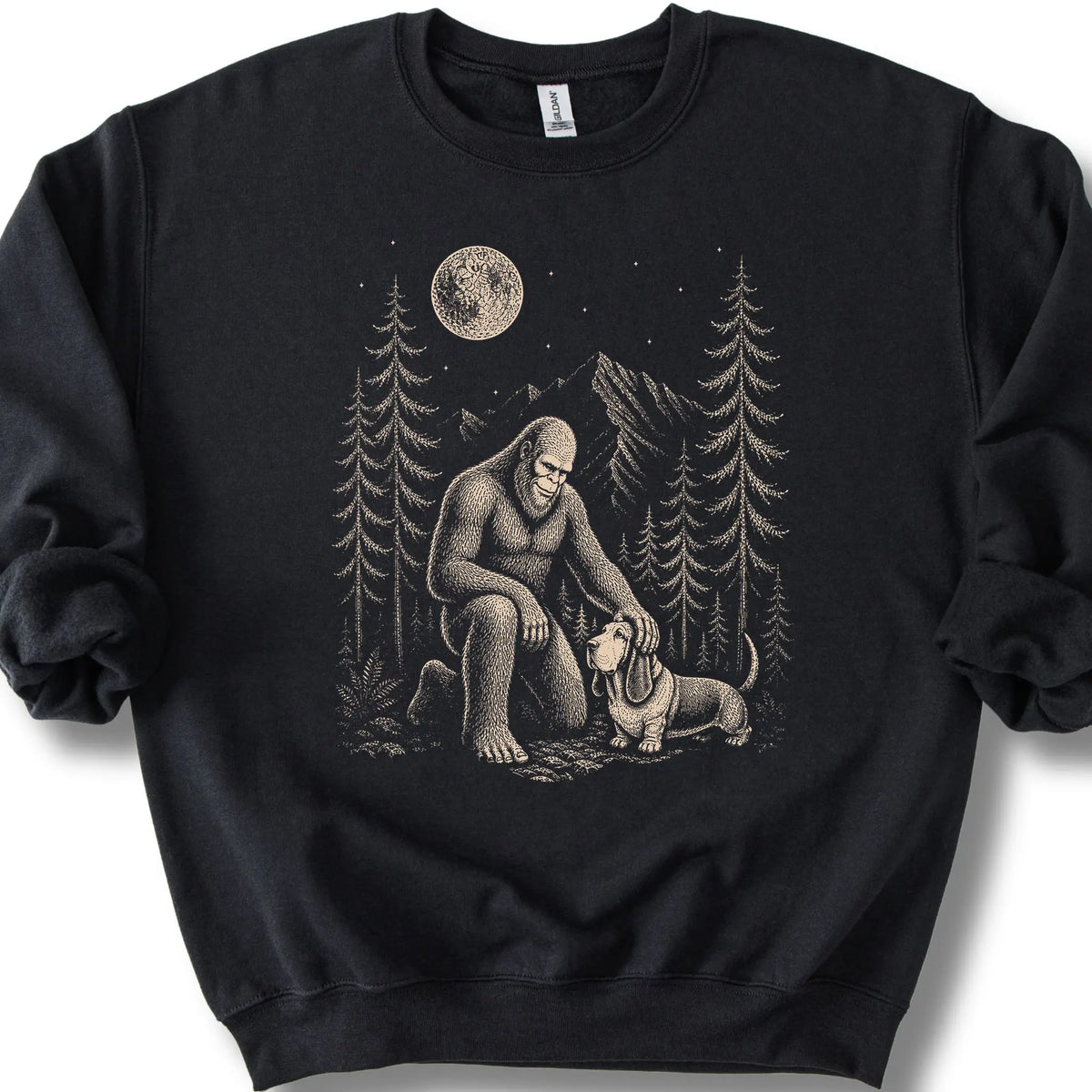 Basset Hound Bigfoot Petting on a Black crewneck sweatshirt, shown flat