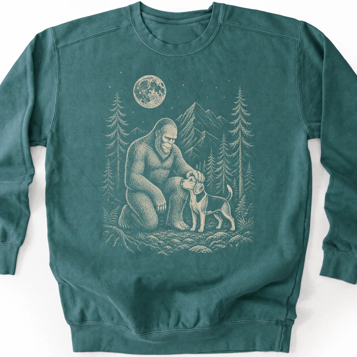 Beagle Bigfoot Petting on a Blue Spruce crewneck sweatshirt, shown flat