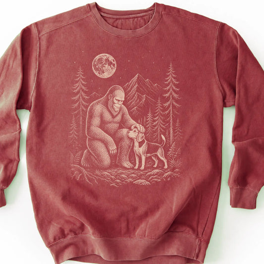 Beagle Bigfoot Petting on a Crimson crewneck sweatshirt, shown flat