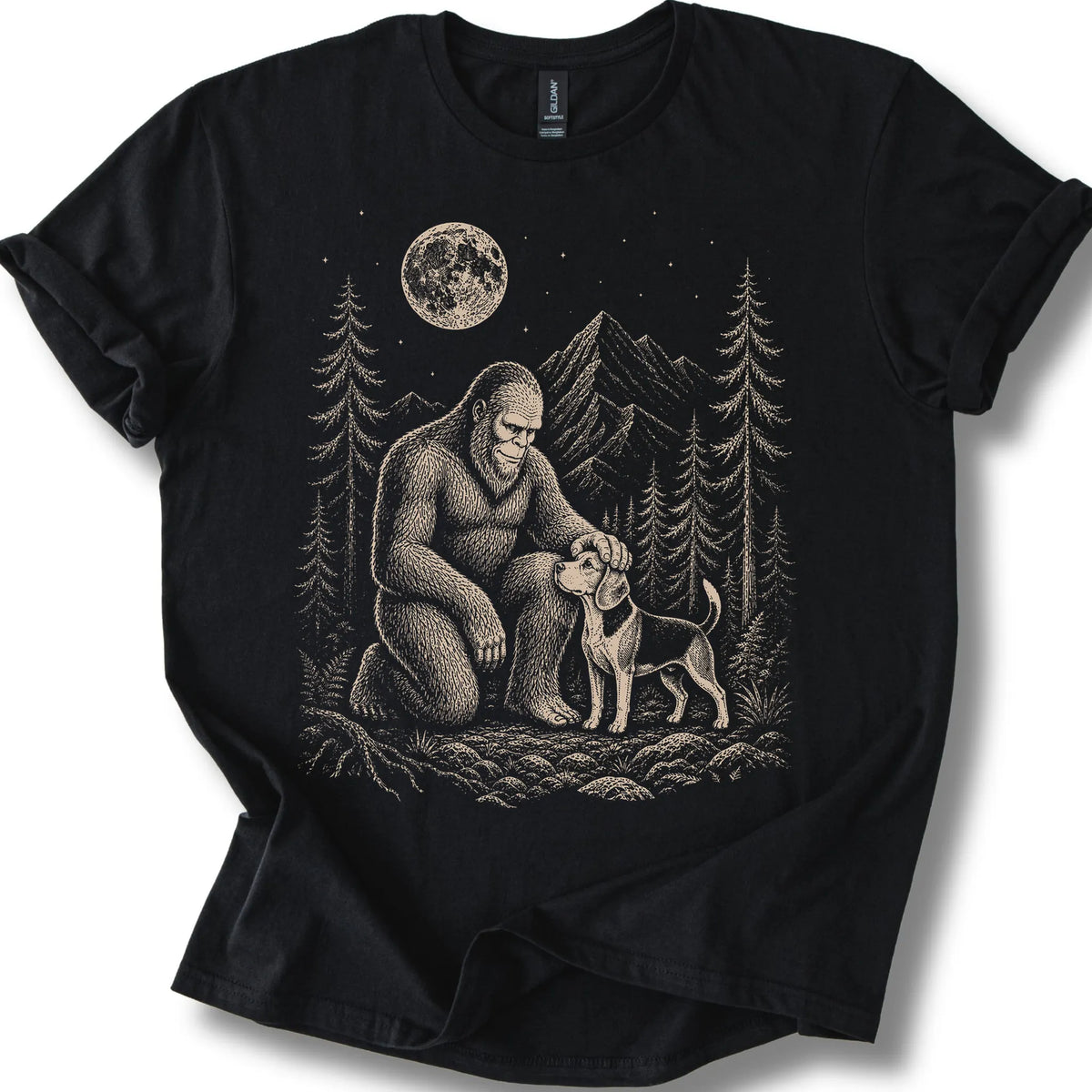 Beagle Bigfoot Petting on a Black T-shirt, shown flat