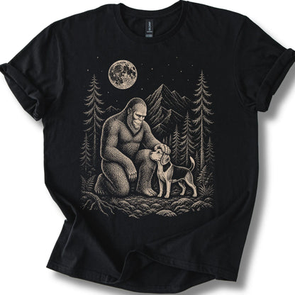 Beagle Bigfoot Petting on a Black T-shirt, shown flat