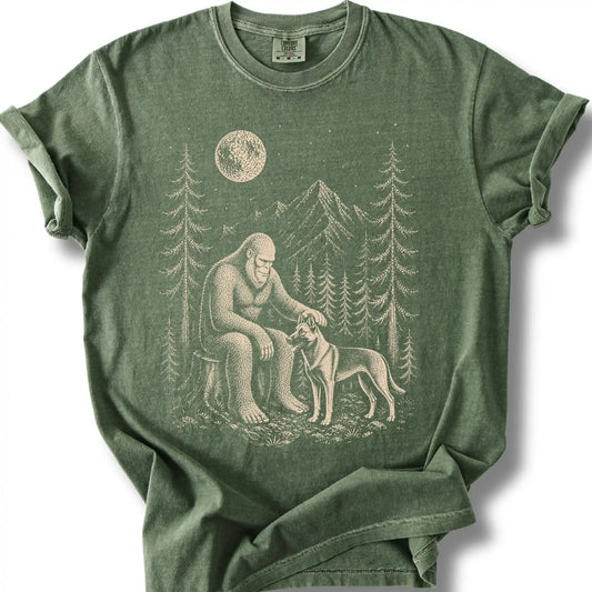 Belgian Malinois Bigfoot Petting on a Moss T-shirt, shown flat