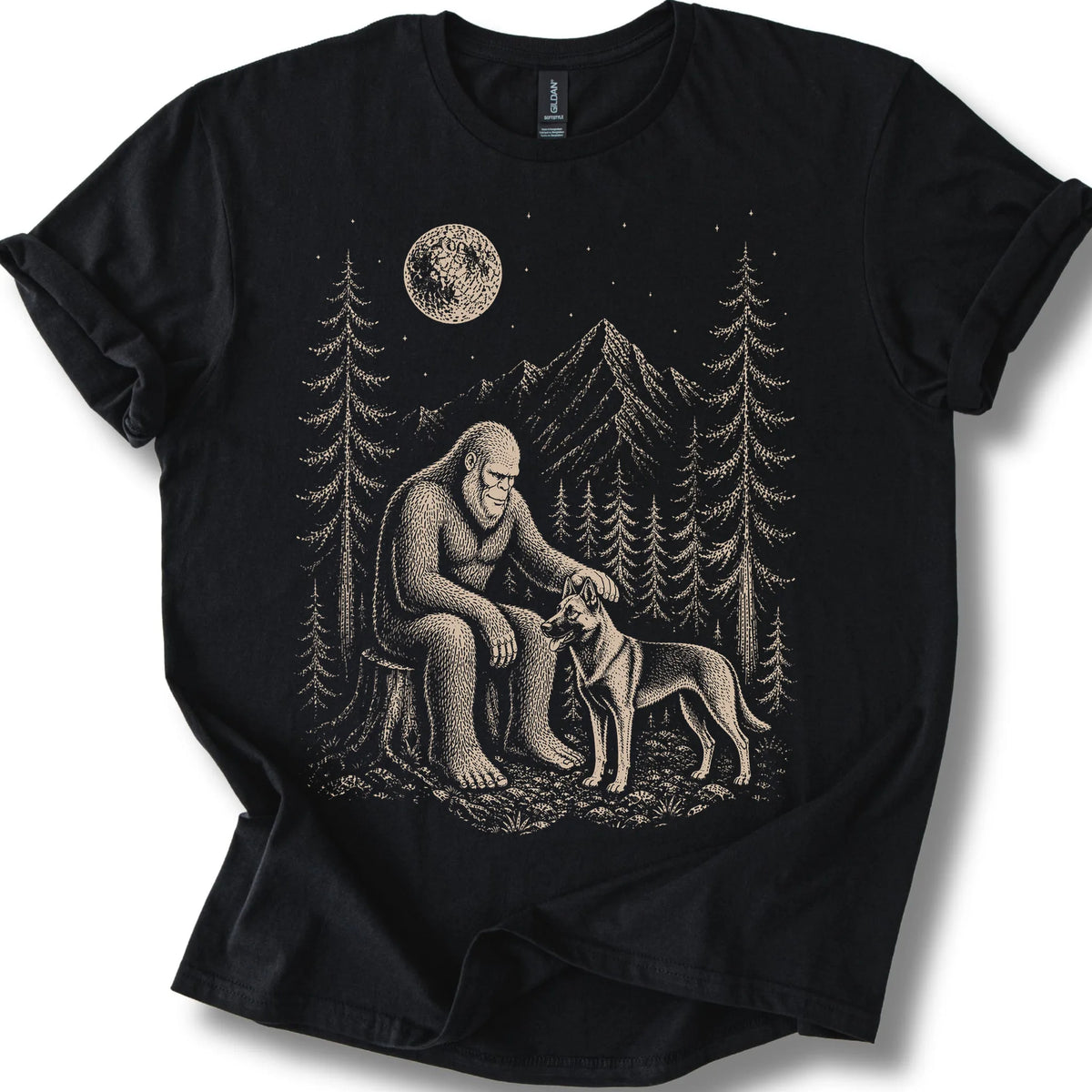 Belgian Malinois Bigfoot Petting on a Black T-shirt, shown flat