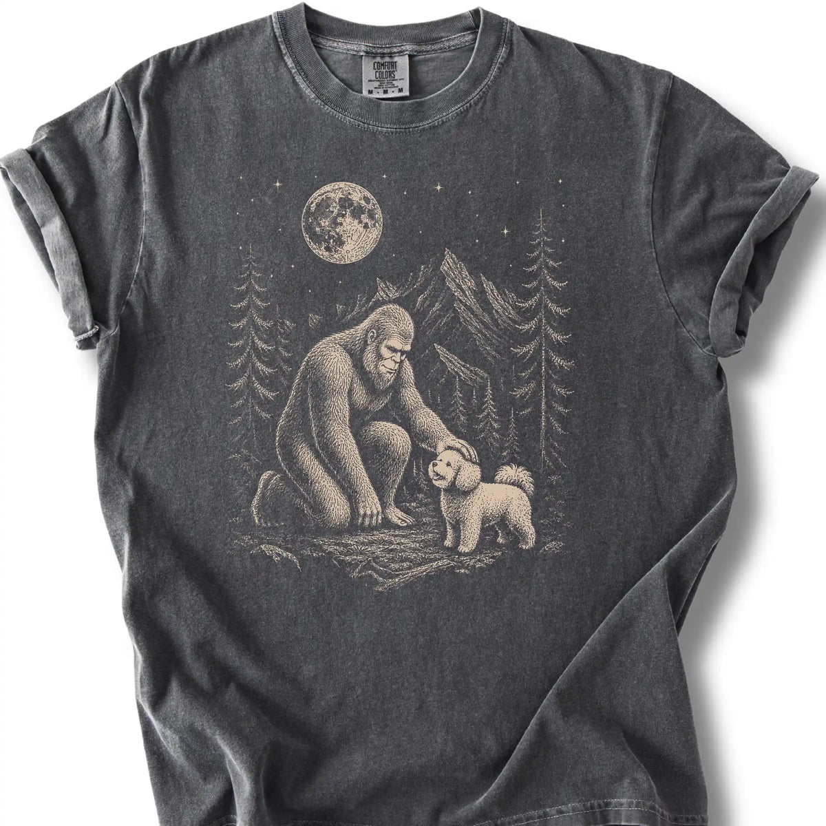Bichon Frise Bigfoot Petting on a Pepper T-shirt, shown flat