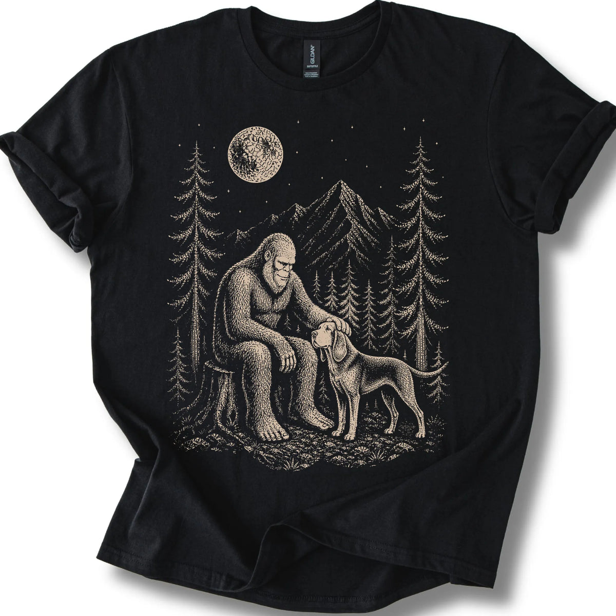 Bloodhound Bigfoot Petting on a Black T-shirt, shown flat